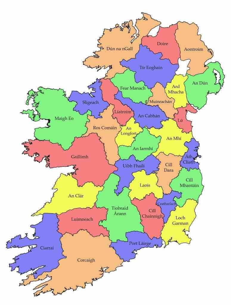 નકશો આયર્લેન્ડ સાથે કાઉન્ટી નામો